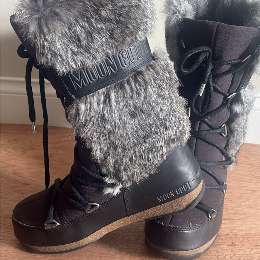 Moon Boot Women's Black And Gray Fur Winter Boots - Size 7 (38 Europe)